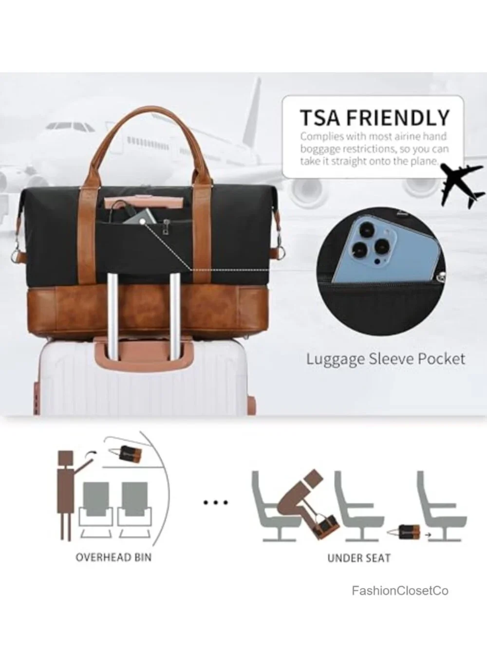 Large Weekender Duffel Bag with Shoe Compartment, Canvas & PU Leather Travel - Picture 5 of 6